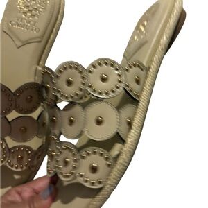 Vince Camuto Beige Leather Studded Slide Sandals